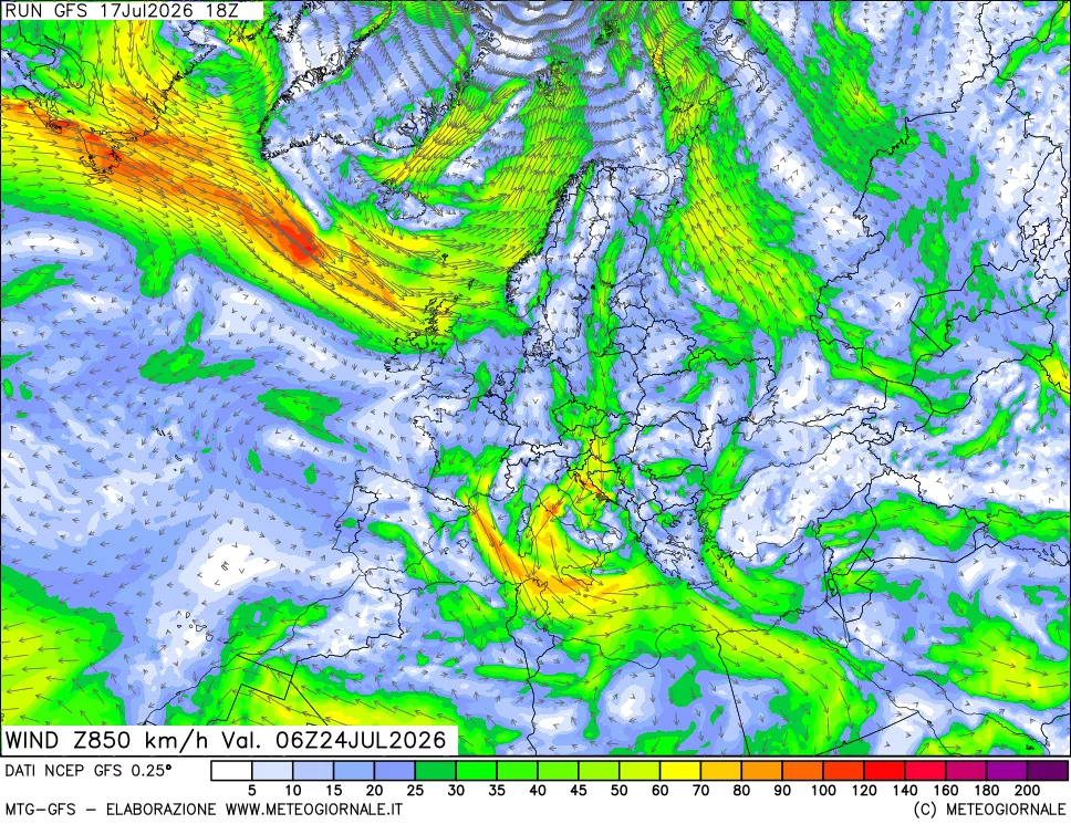 mappa 850 hPa Vento forza e direzione