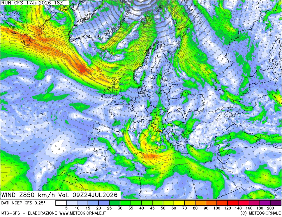 mappa 850 hPa Vento forza e direzione