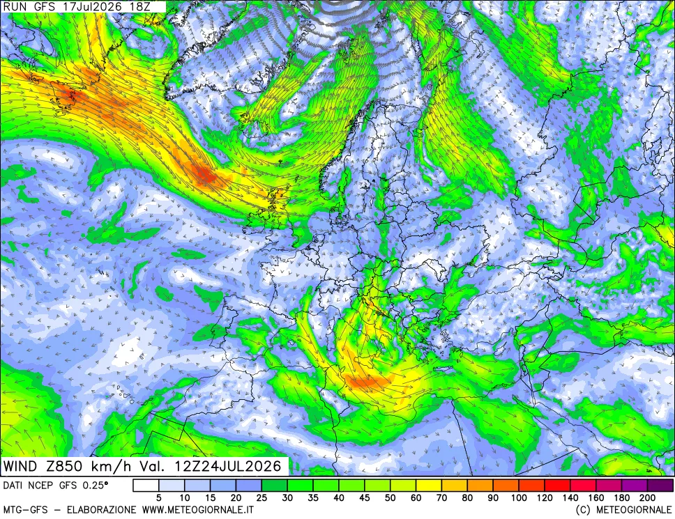 mappa 850 hPa Vento forza e direzione
