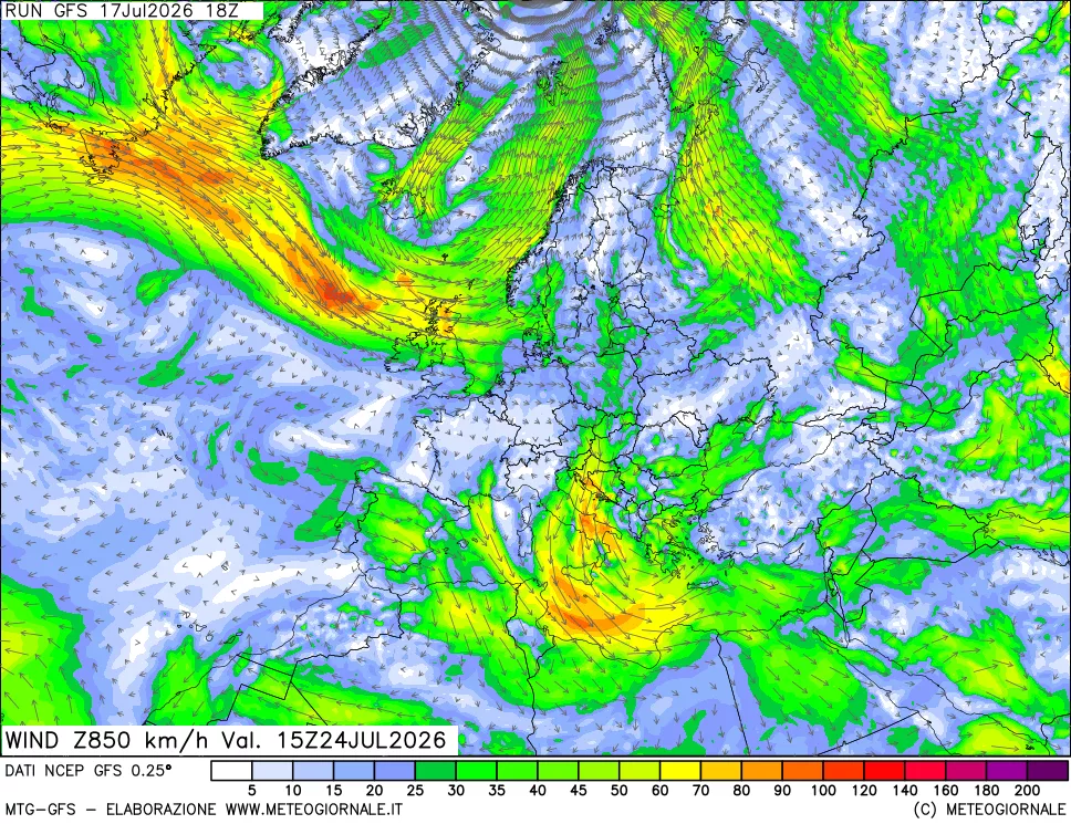 mappa 850 hPa Vento forza e direzione