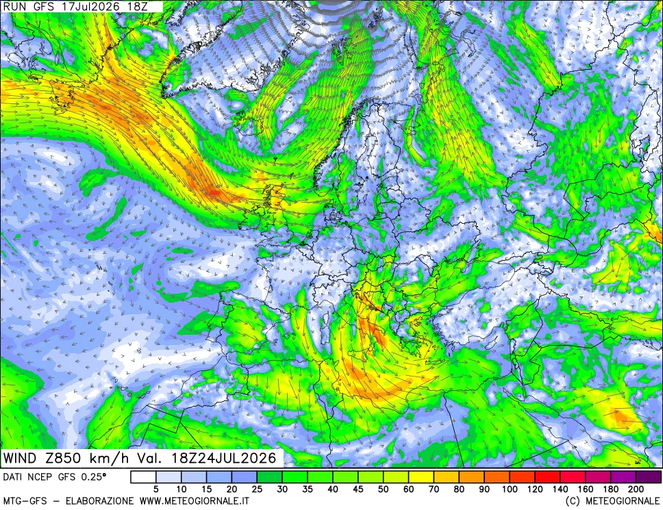 mappa 850 hPa Vento forza e direzione