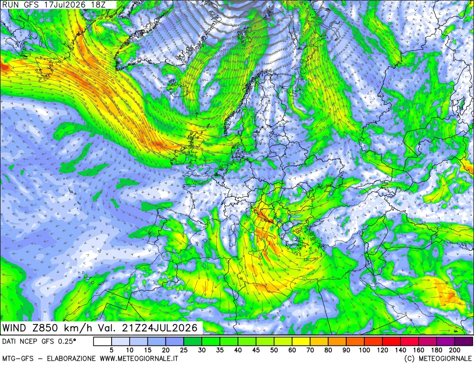 mappa 850 hPa Vento forza e direzione