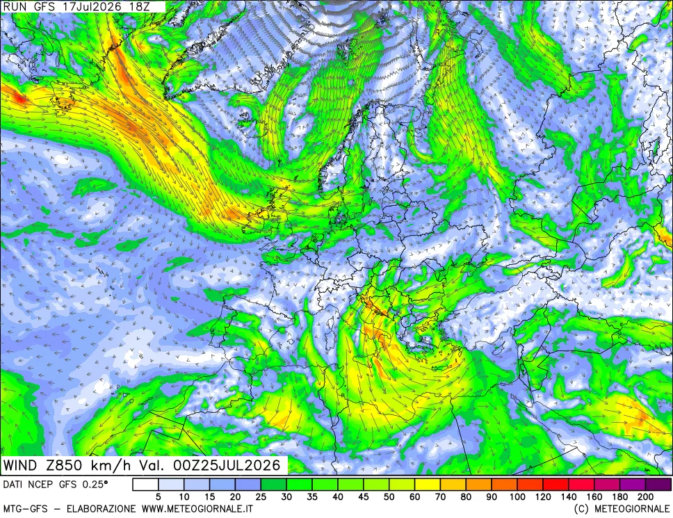 mappa 850 hPa Vento forza e direzione