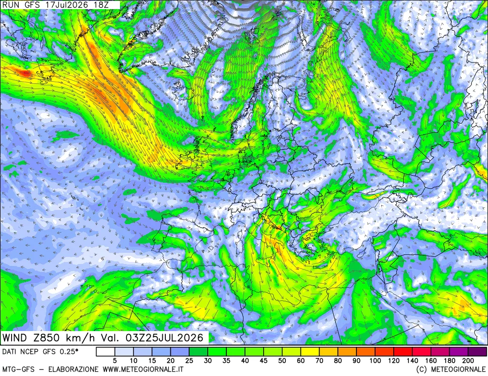 mappa 850 hPa Vento forza e direzione