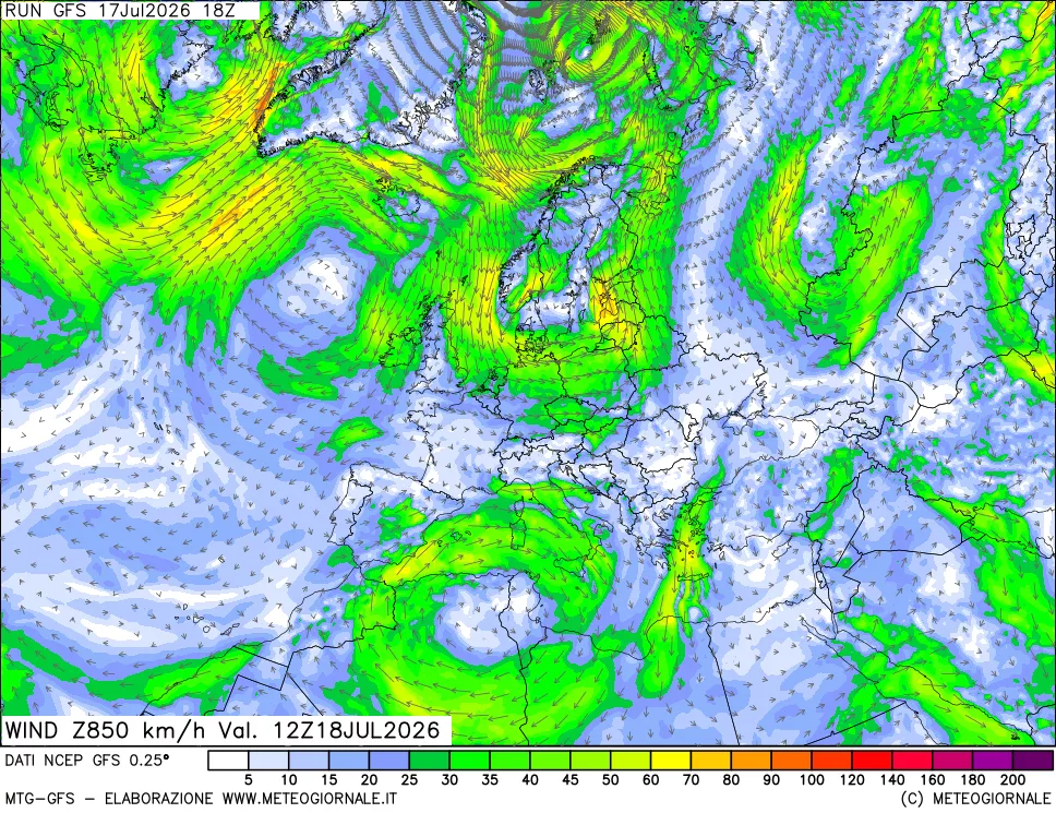 mappa 850 hPa Vento forza e direzione