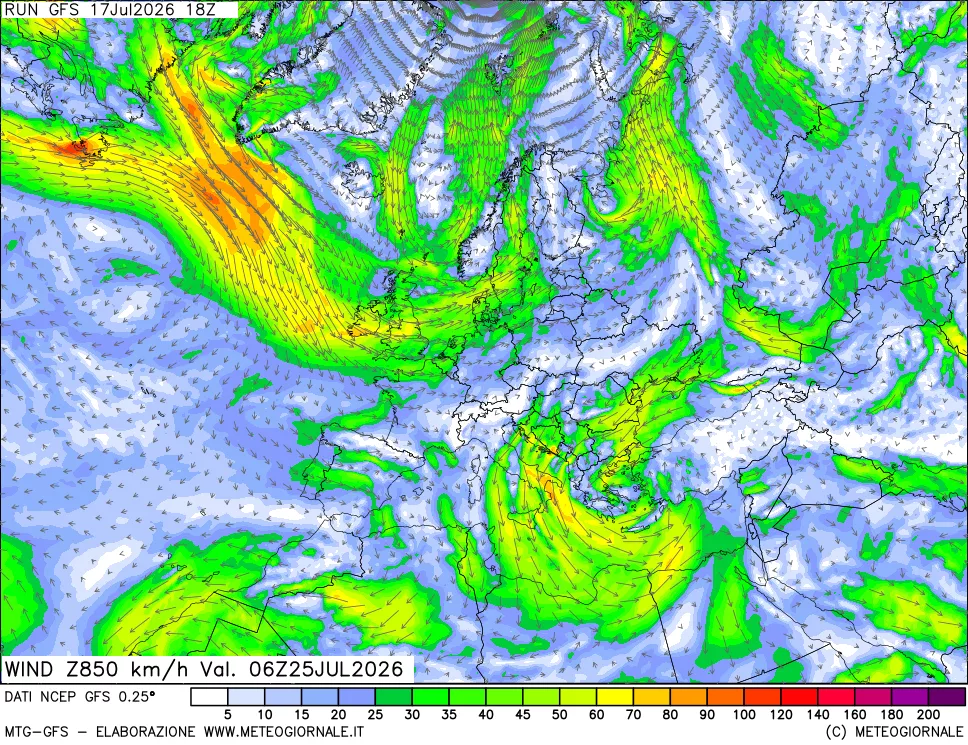 mappa 850 hPa Vento forza e direzione