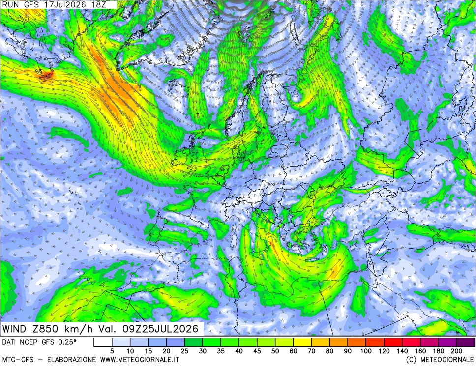 mappa 850 hPa Vento forza e direzione