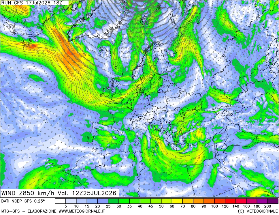 mappa 850 hPa Vento forza e direzione