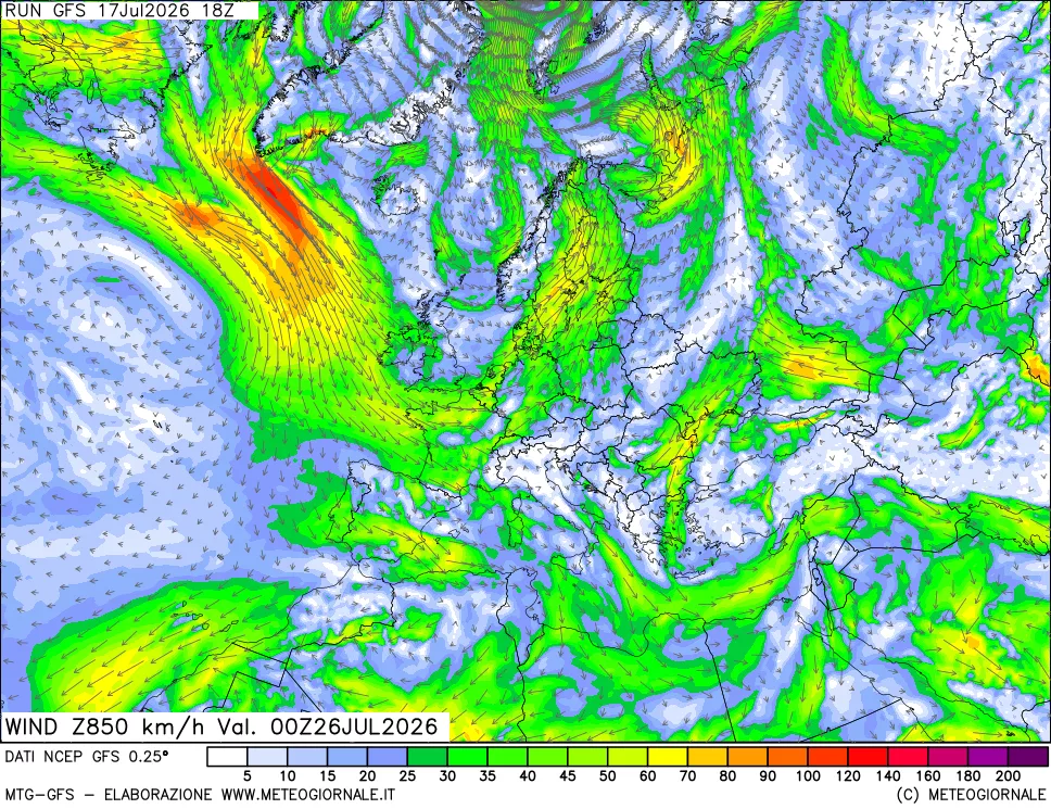 mappa 850 hPa Vento forza e direzione