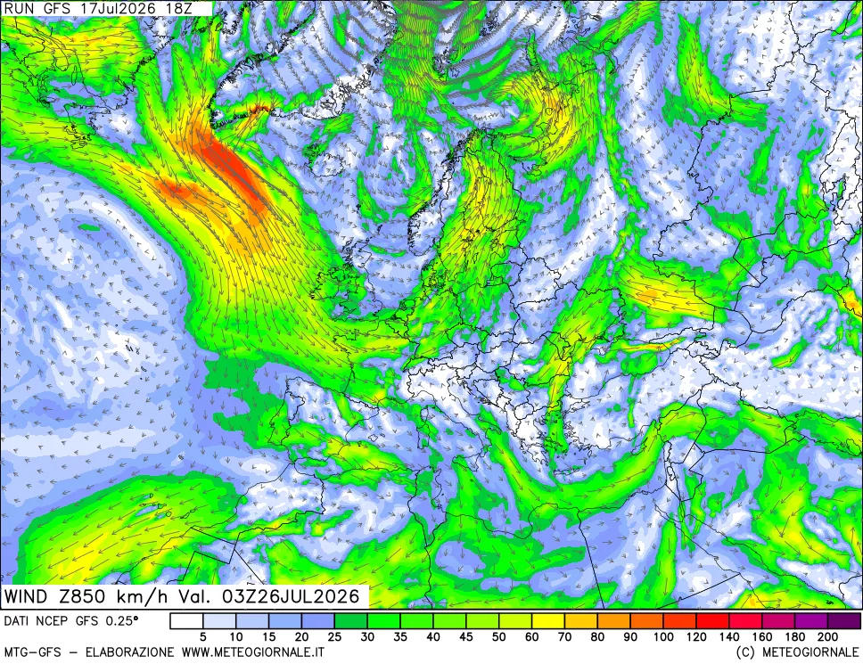 mappa 850 hPa Vento forza e direzione