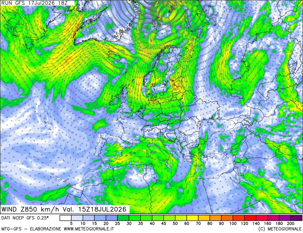 mappa 850 hPa Vento forza e direzione