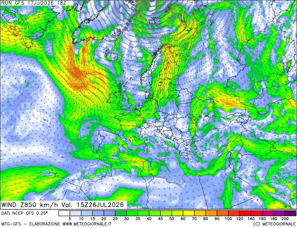 mappa 850 hPa Vento forza e direzione