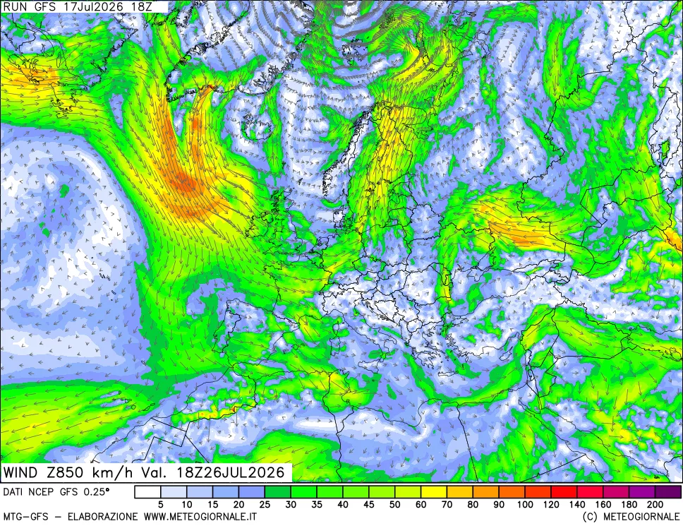 mappa 850 hPa Vento forza e direzione