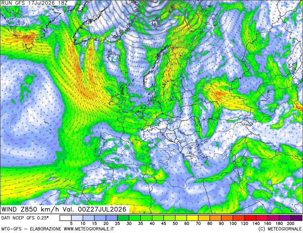 mappa 850 hPa Vento forza e direzione