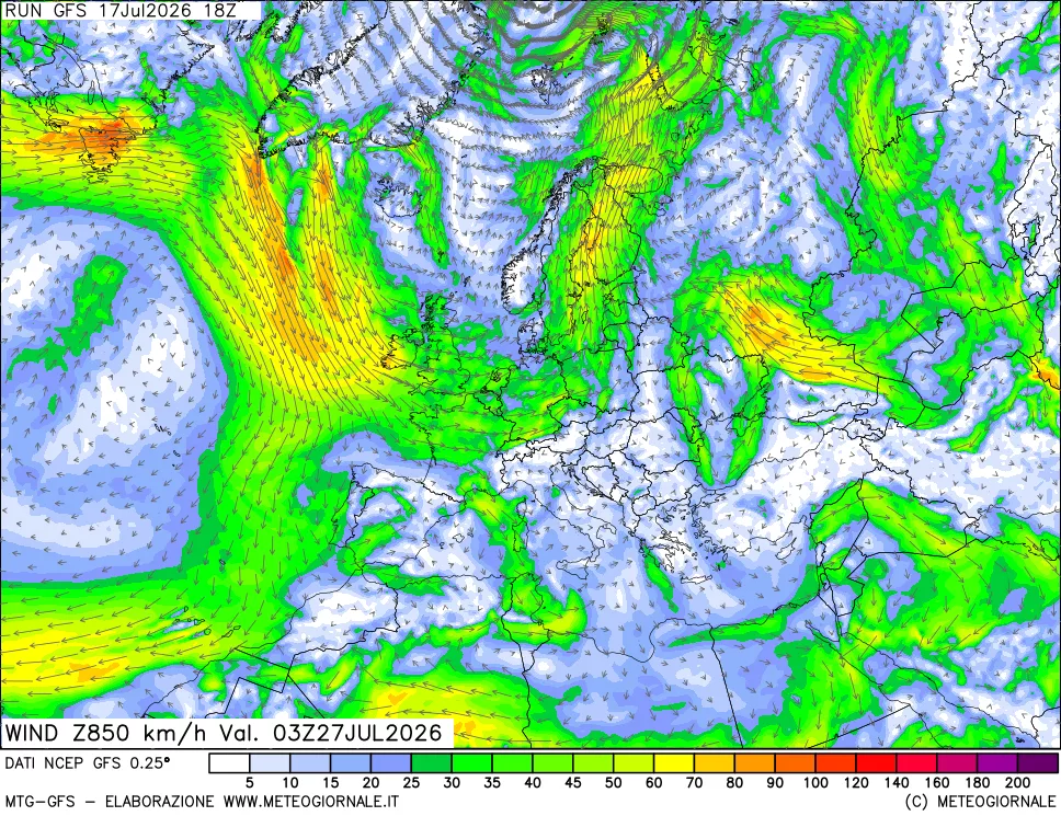mappa 850 hPa Vento forza e direzione