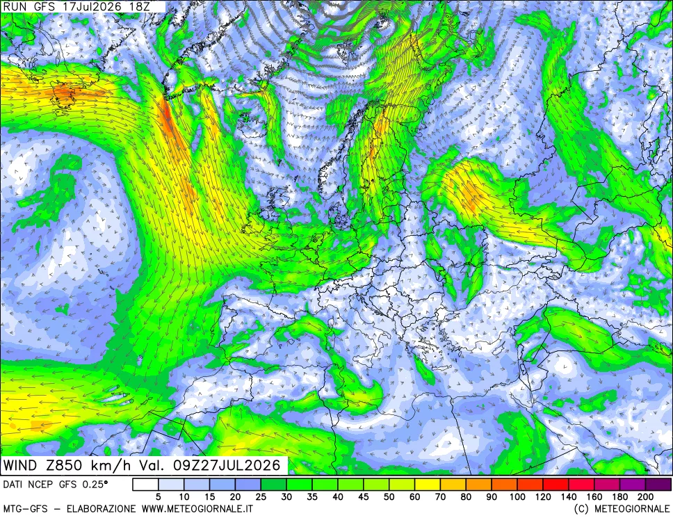 mappa 850 hPa Vento forza e direzione