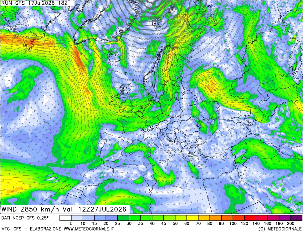 mappa 850 hPa Vento forza e direzione