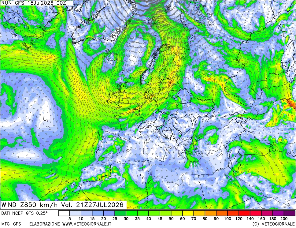 mappa 850 hPa Vento forza e direzione