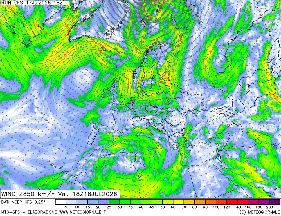 mappa 850 hPa Vento forza e direzione
