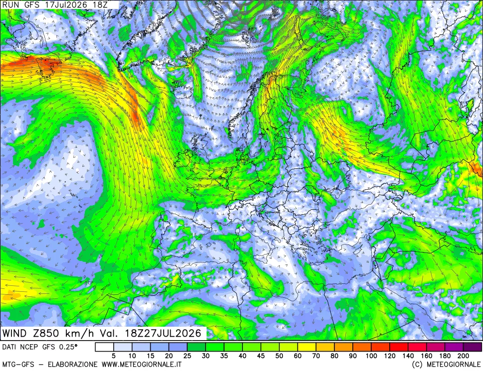 mappa 850 hPa Vento forza e direzione