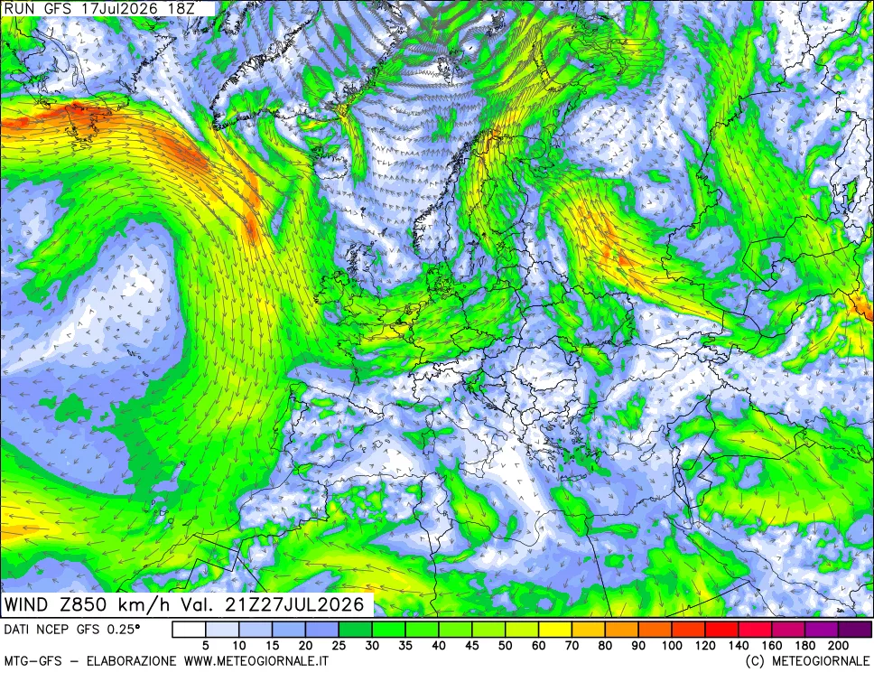 mappa 850 hPa Vento forza e direzione