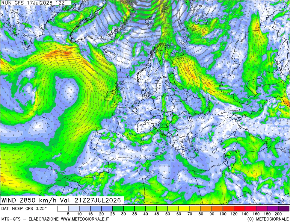 mappa 850 hPa Vento forza e direzione