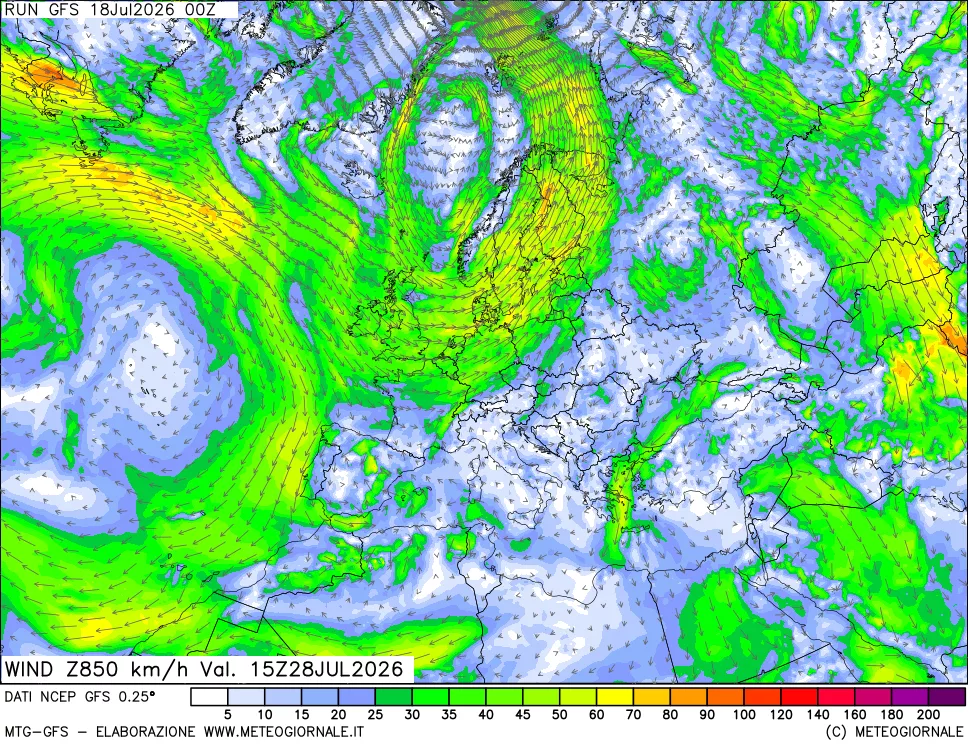 mappa 850 hPa Vento forza e direzione