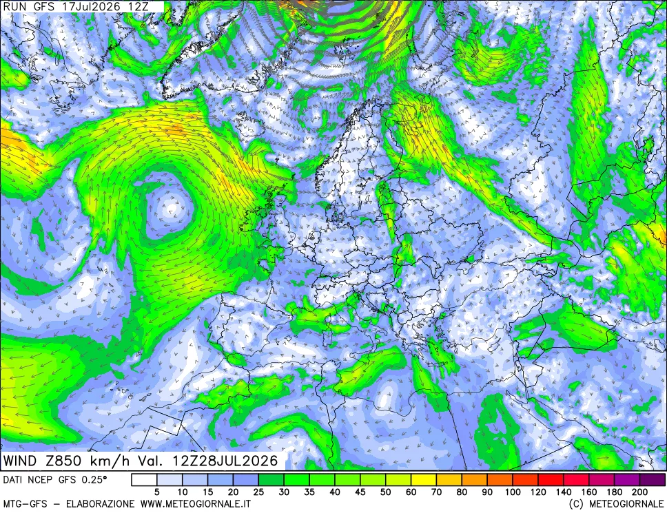 mappa 850 hPa Vento forza e direzione