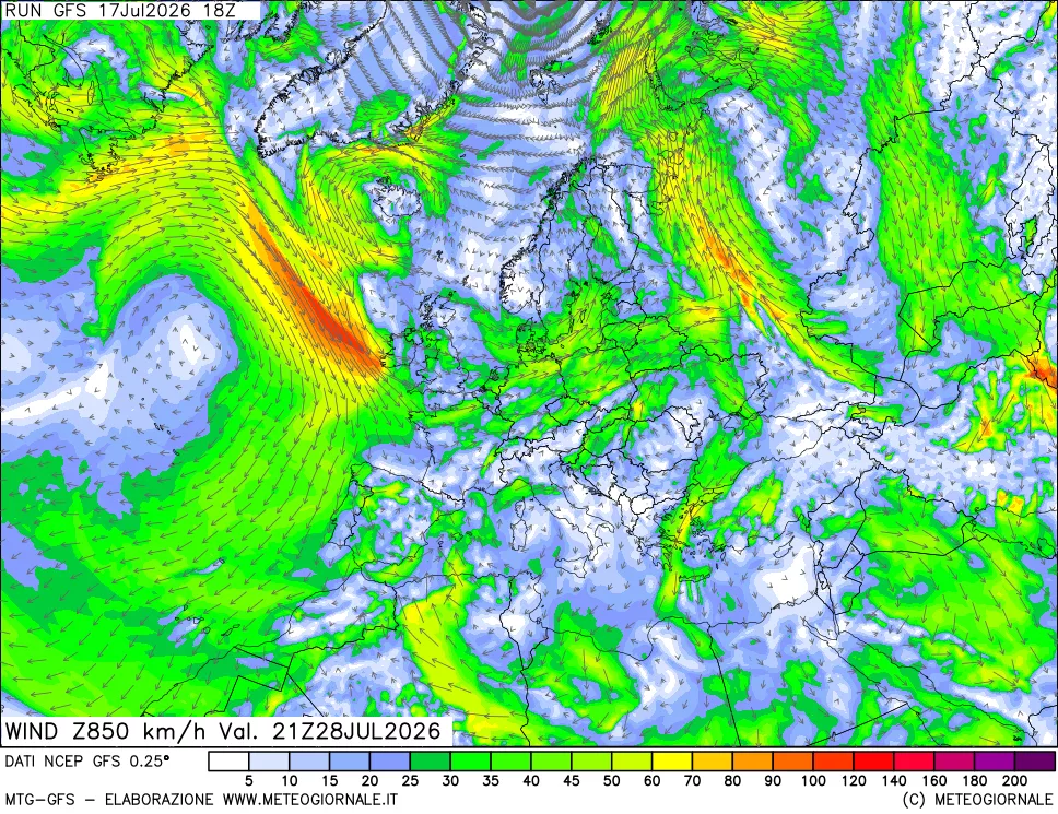 mappa 850 hPa Vento forza e direzione
