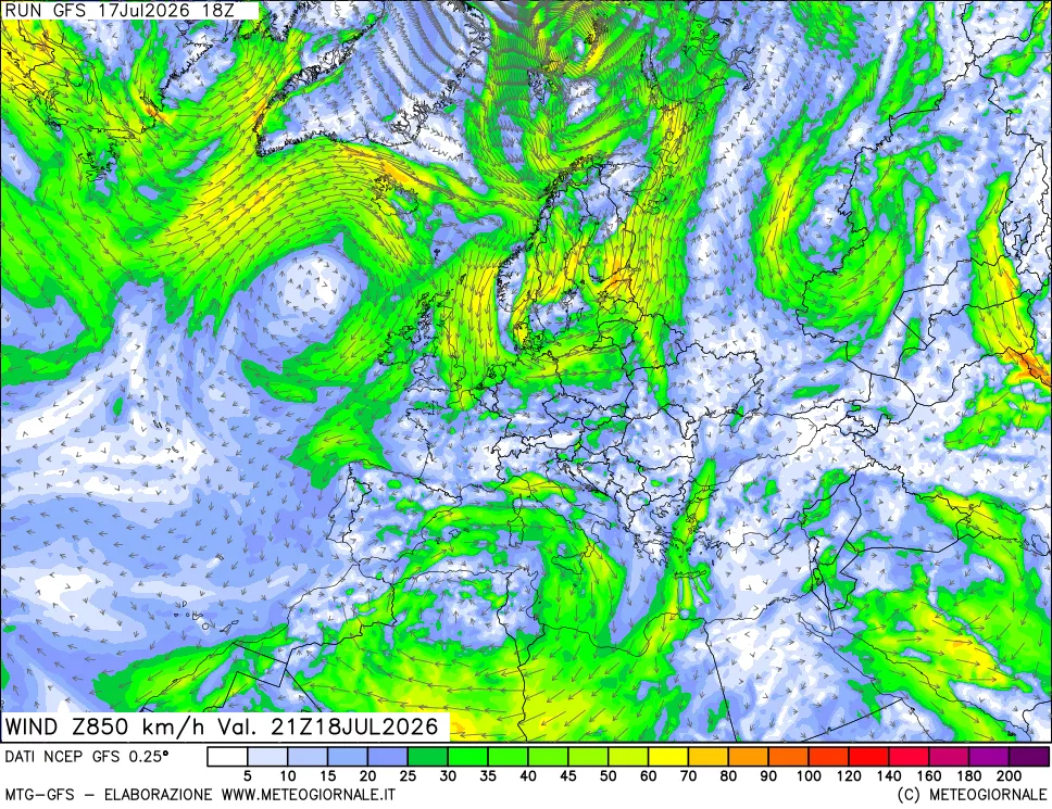 mappa 850 hPa Vento forza e direzione