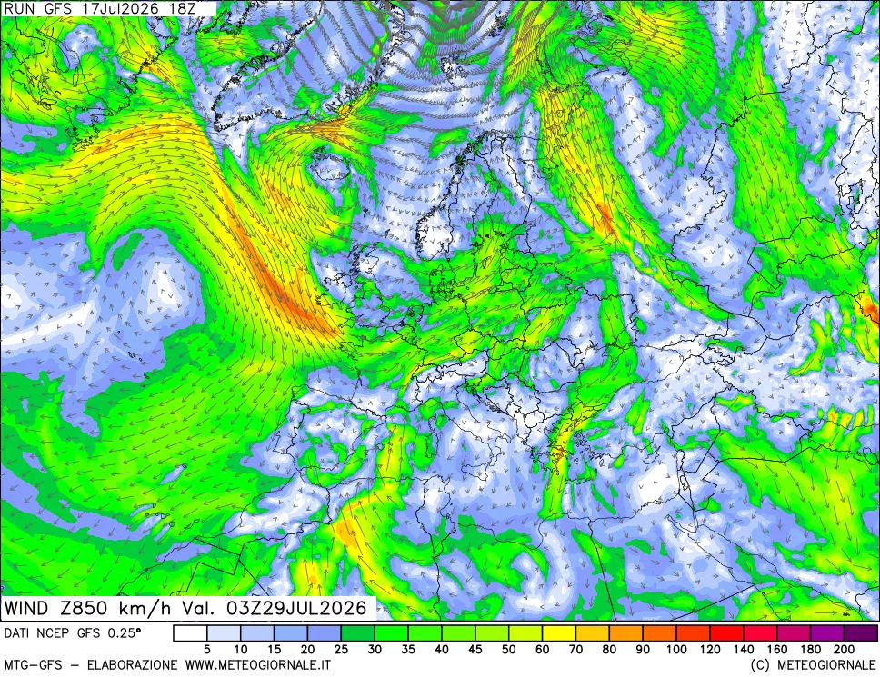 mappa 850 hPa Vento forza e direzione