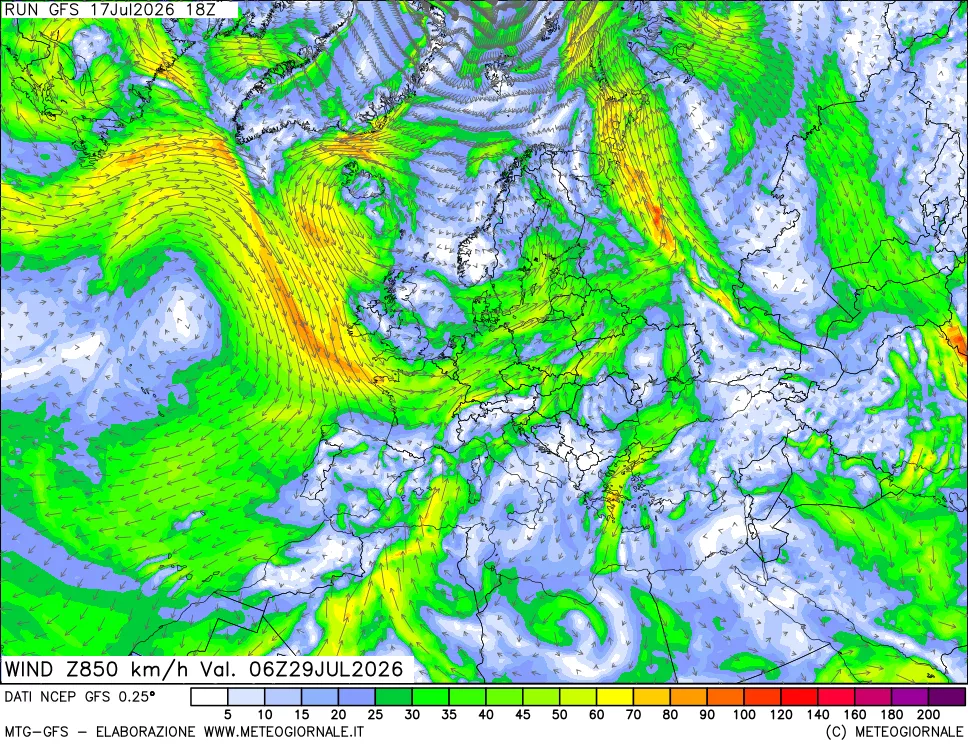 mappa 850 hPa Vento forza e direzione