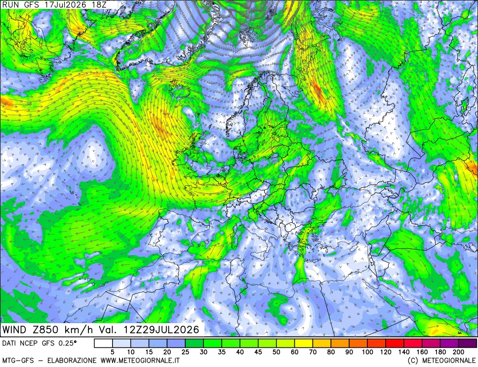 mappa 850 hPa Vento forza e direzione
