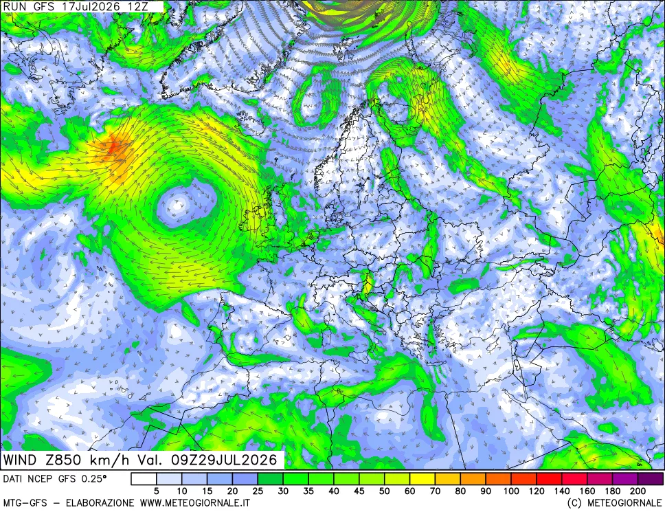 mappa 850 hPa Vento forza e direzione