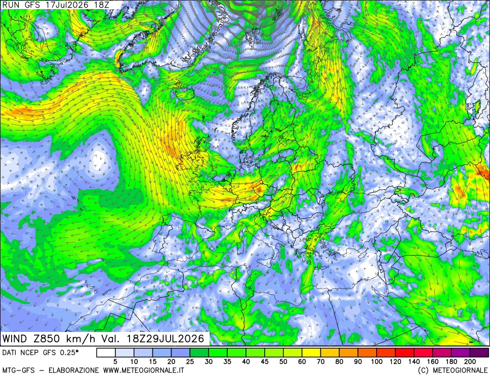 mappa 850 hPa Vento forza e direzione