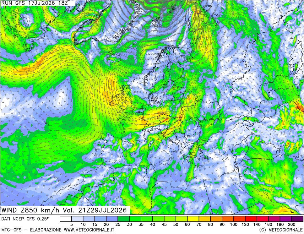 mappa 850 hPa Vento forza e direzione