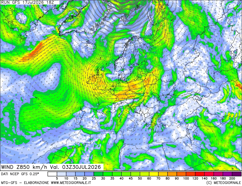 mappa 850 hPa Vento forza e direzione