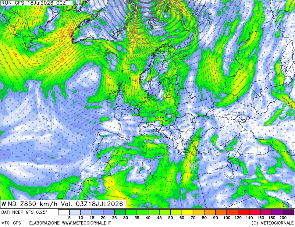 mappa 850 hPa Vento forza e direzione