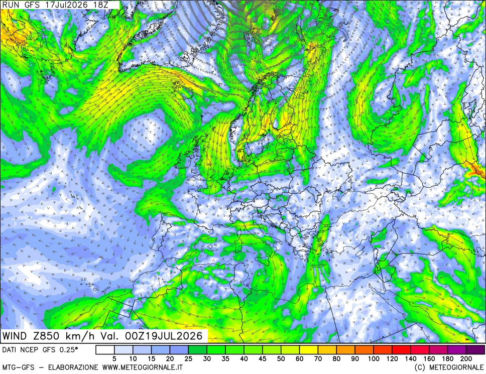 mappa 850 hPa Vento forza e direzione