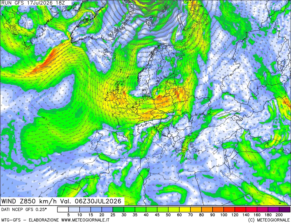 mappa 850 hPa Vento forza e direzione