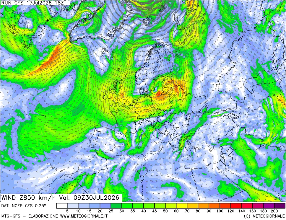 mappa 850 hPa Vento forza e direzione