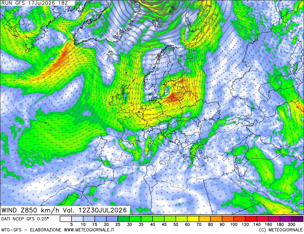 mappa 850 hPa Vento forza e direzione