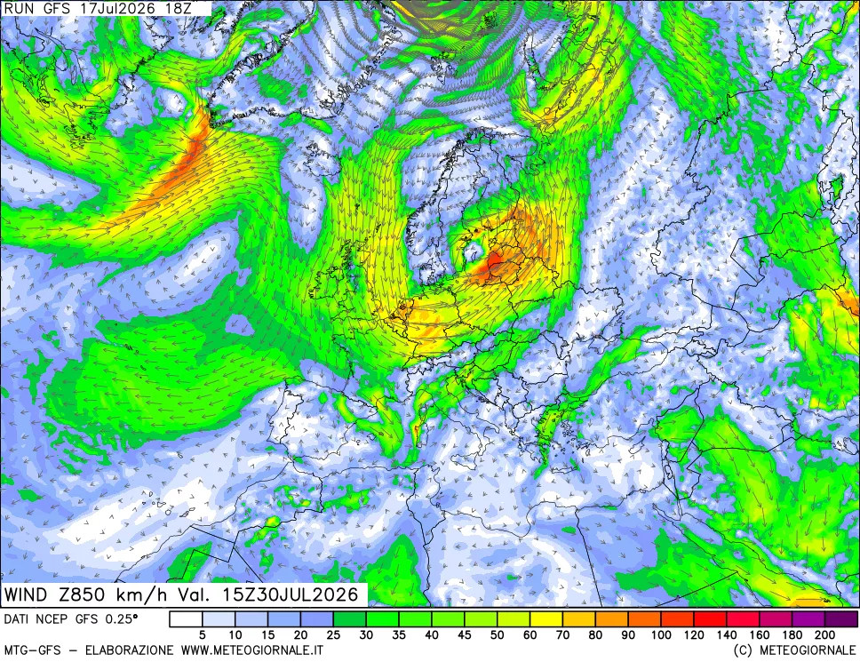 mappa 850 hPa Vento forza e direzione