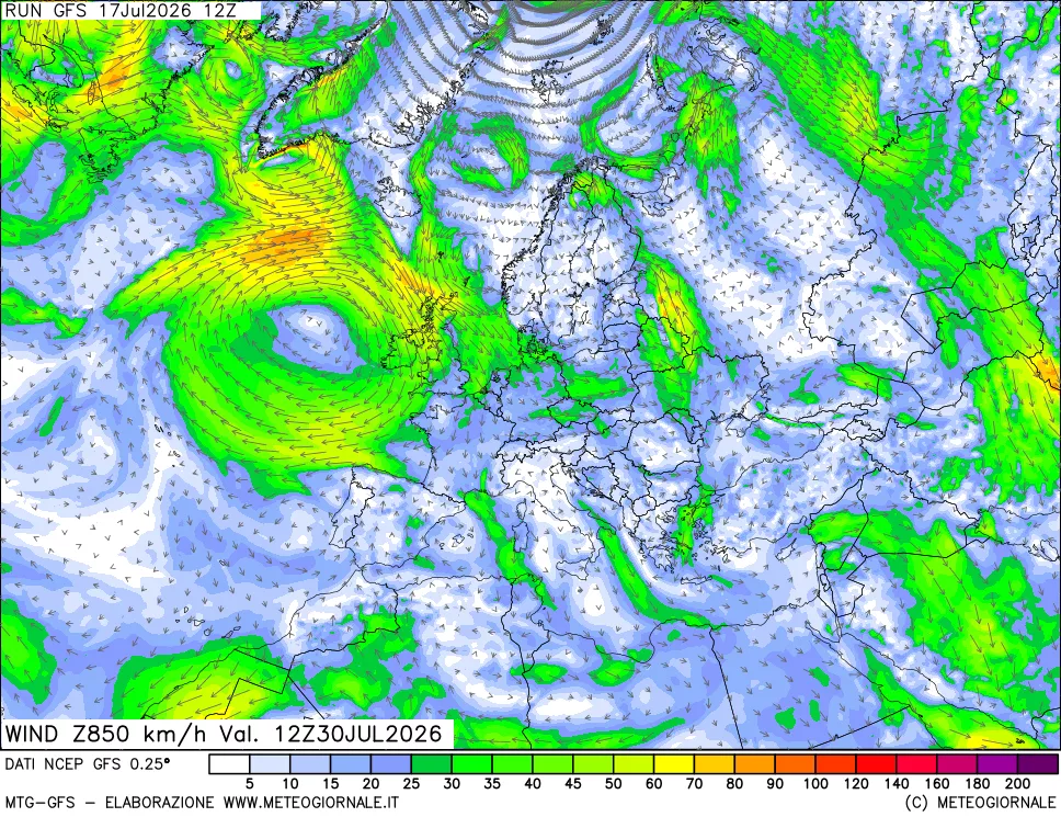 mappa 850 hPa Vento forza e direzione