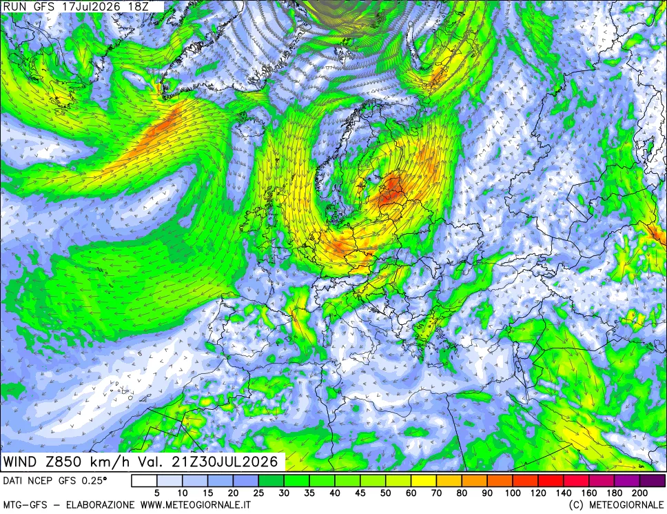 mappa 850 hPa Vento forza e direzione