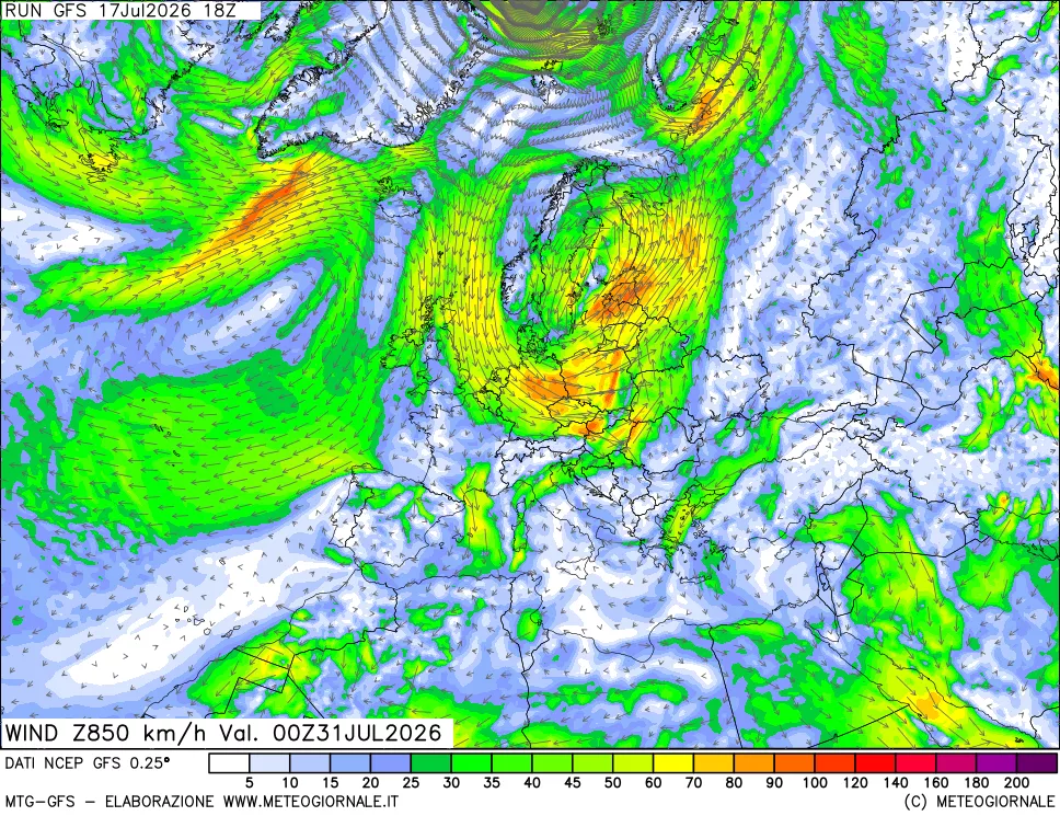 mappa 850 hPa Vento forza e direzione