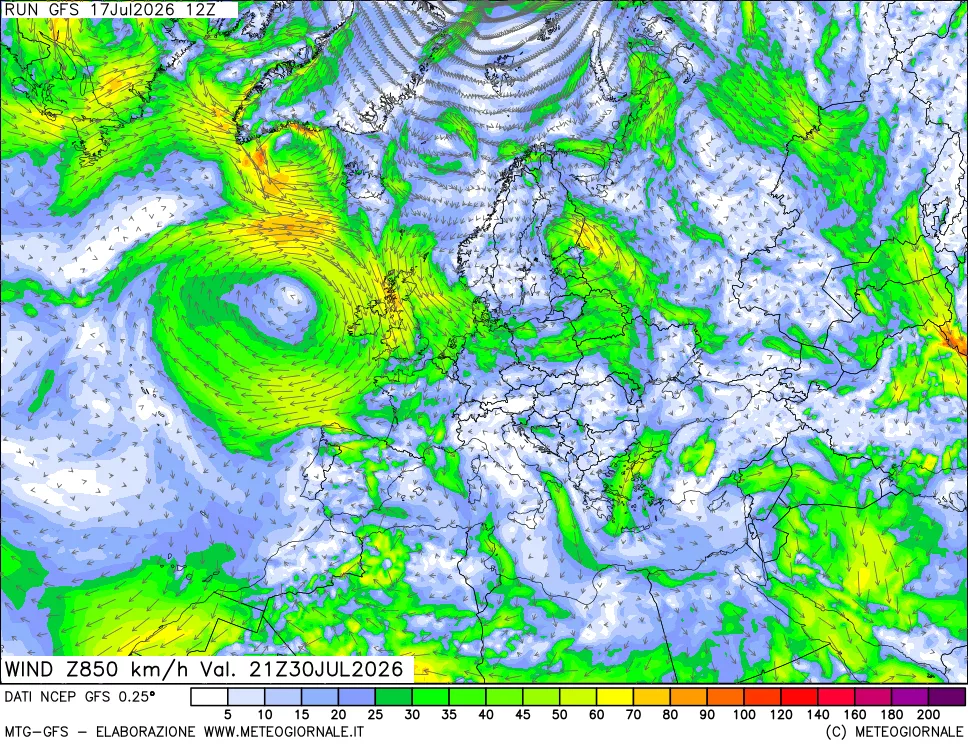 mappa 850 hPa Vento forza e direzione