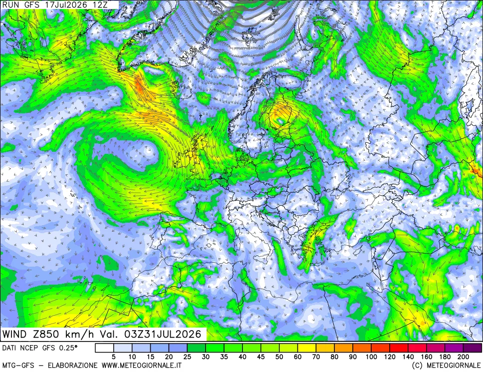 mappa 850 hPa Vento forza e direzione