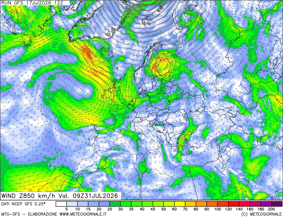 mappa 850 hPa Vento forza e direzione