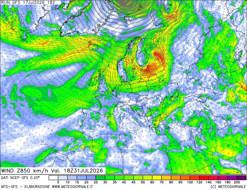 mappa 850 hPa Vento forza e direzione